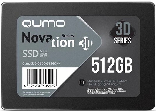 

Накопитель SSD 2.5'' Qumo Q3DQ-512GQNN 512GB, 530/500MB/s, TBW 238, MTBF 2M, Q3DQ-512GQNN