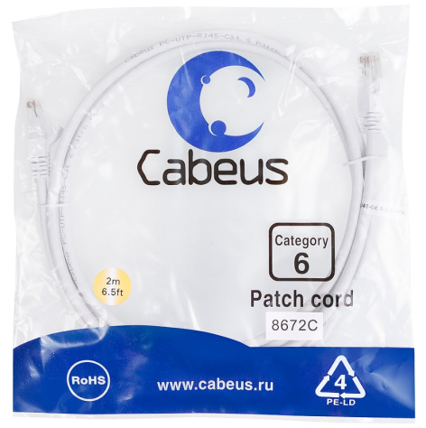 фото Кабель патч-корд U/UTP 6 кат. 2м Cabeus PC-UTP-RJ45-Cat.6-2m-WH в Краснодаре