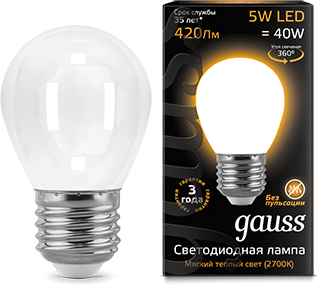 

Лампа светодиодная Gauss 105202105 LED Filament Шар OPAL E27 5W 420lm 2700K, 105202105