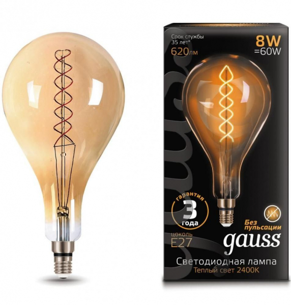 

Лампа светодиодная Gauss 150802008 LED Vintage Filament Flexible A160 8W E27 160*300mm Golden 620lm 2400K, 150802008