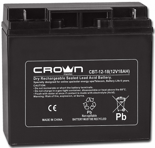 

Аккумулятор Crown CBT-12-18 CM000003025 свинцово-кислотный, 12В, 18А/Ч, ABS-пластик, Т5, срок службы 6 лет, CBT-12-18