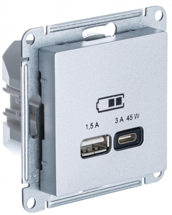 

Розетка USB Systeme Electric ATN000329 AtlasDesign A + тип-C 45Вт высокоскор.заряд. QC,PD, мех.,Алюминий, ATN000329