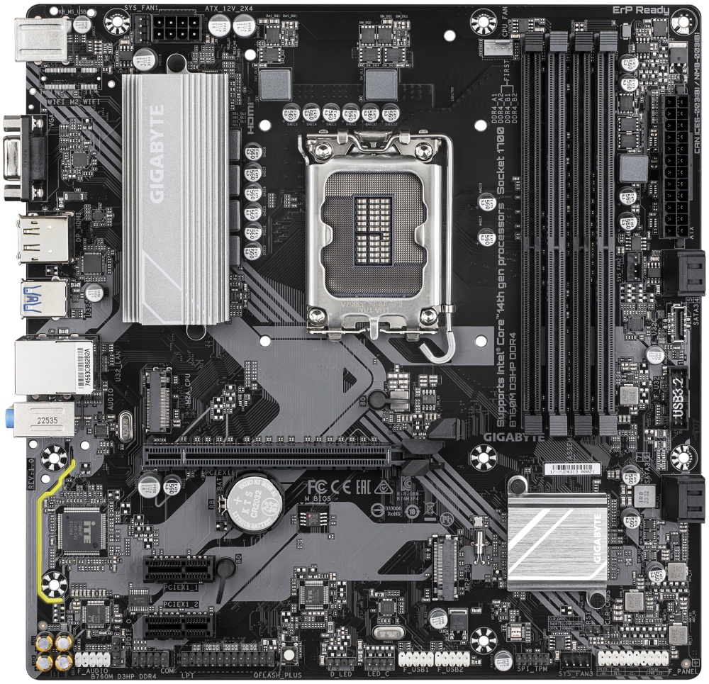 

Материнская плата mATX GIGABYTE B760M D3HP DDR4 (LGA1700, 4*DDR4(3200), 4*SATA RAID, 2*M.2, 3*PCIe, Glan, VGA, HDMI, DP, 2*USB 2.0, 3*USB 3.0), B760M D3HP DDR4