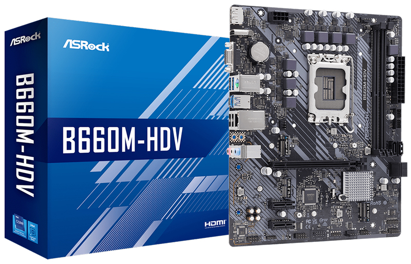 

Материнская плата mATX ASRock B660M-HDV (LGA1700, B660, 2*DDR4(5066), 4*SATA 6G RAID, 2*M.2, 3*PCIE, 7.1CH, Glan, 3*USB 3.2, USB Type-C, HDMI, D-Sub,, B660M-HDV