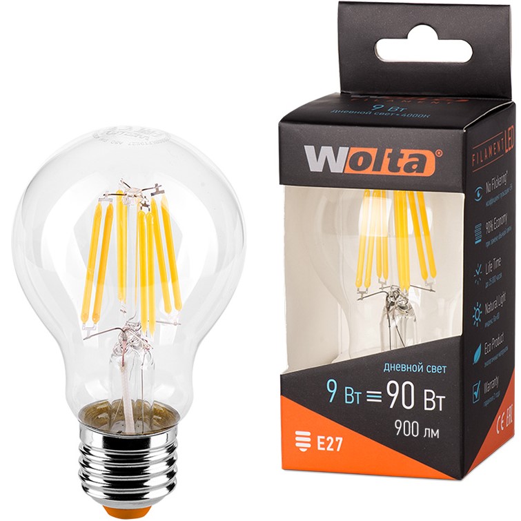 

Лампа светодиодная WOLTA 25S60BLFT9E27 FILAMENT 9Вт 4000K Е27, 25S60BLFT9E27