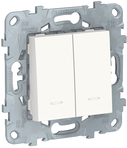 

Переключатель Schneider Electric NU521318N UnicaNew, белый, 2-клавишный, 2 модуля, с подсветкой, 2 х сх.6а, NU521318N