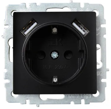 

Розетка IEK BR-R14-16-U21-D21-K02 BRITE РЮш10-1-БрЧ 16А с USB A+A 2.1А с заземл. защ. шторки черная, BR-R14-16-U21-D21-K02