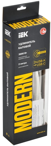 

Удлинитель IEK WYP12-16-03-02-ZKU-K01 MODERN У03В с заземлением 2м 3х1мм2 16А/250В USBх3 белый, WYP12-16-03-02-ZKU-K01