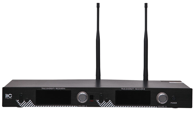 

Радиосистема ITC T-521UZ UHF двухканальная радиосистема с двумя настольными микрофонами типа "гусиная шея". LCD дисплей. True Diversity. Частотный диа, T-521UZ