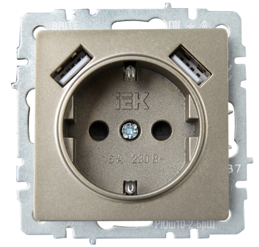 

Розетка с заземлением IEK BR-R14-16-U21-D31-K37 BRITE с защитными шторками 16А с USB A+A 3,1А РЮш10-2-БрШ Шампань, BR-R14-16-U21-D31-K37