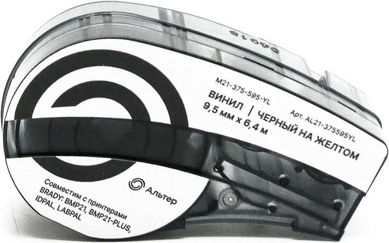 

Картридж Альтер M21-500-595YL AL21-500595YL с лентой из винила 12.70 мм х 6.40 м, черный на желтом (для принтера BRADY BMP21, BMP21+), M21-500-595YL