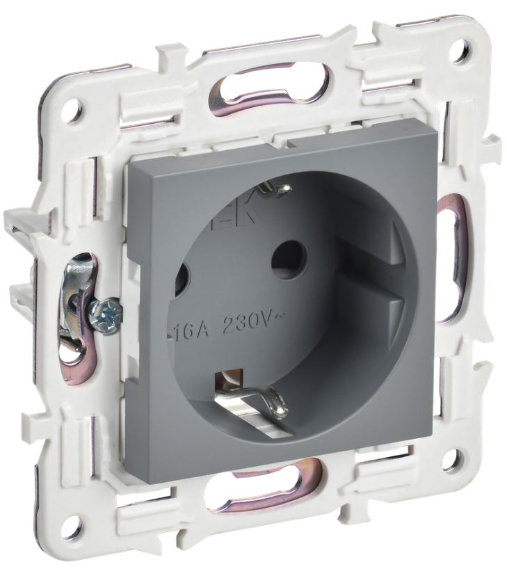 

Розетка с заземлением IEK SK-R14-16-1-K03 SKANDY с защитными шторками 16А б/к SK-R06Gr серая, SK-R14-16-1-K03