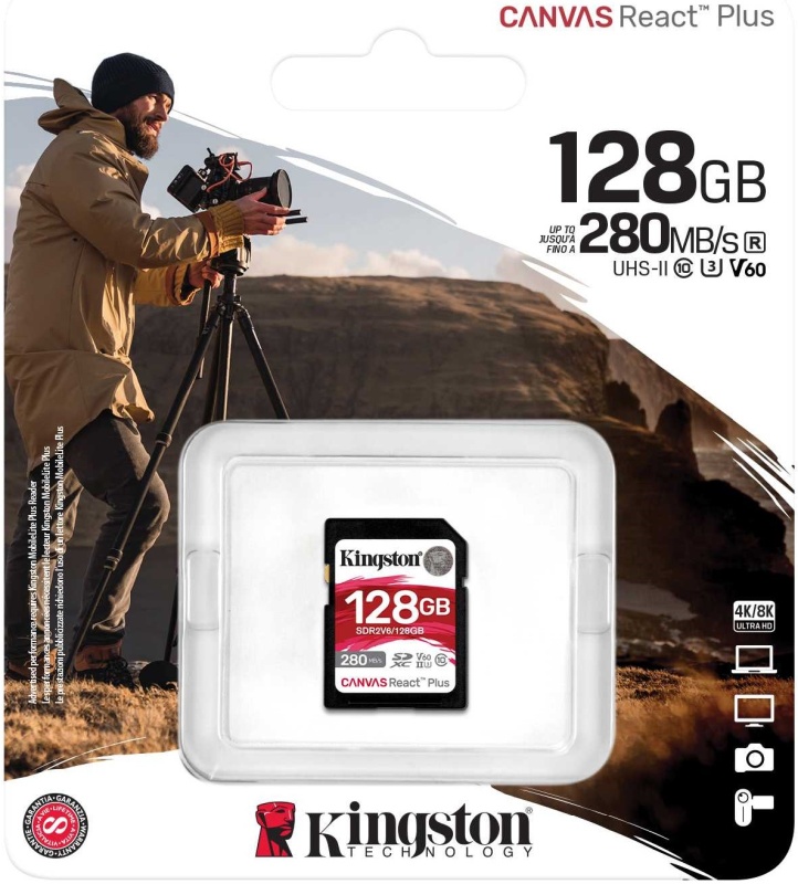 

Карта памяти SDXC 128GB Kingston SDR2V6/128GB Canvas React Plus UHS-I Class U3 V60, 280R/100W, SDR2V6/128GB