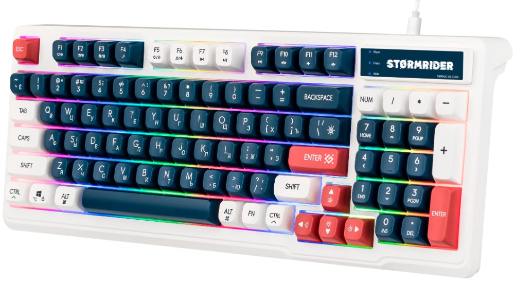 

Клавиатура Defender Stormrider GK-425 RU 45425 бел/син, 94кн+FN, радуж, 1.75м, Stormrider GK-425 RU