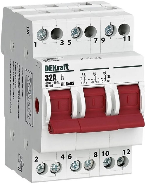 

Выключатель-разъединитель DEKraft 17215DEK трехпозиционный 3P 32A ВР-103, 17215DEK
