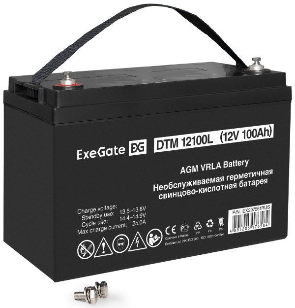 

Батарея аккумуляторная Exegate DTM 12100L EX297561RUS (12V 100Ah, болт М6), DTM 12100L