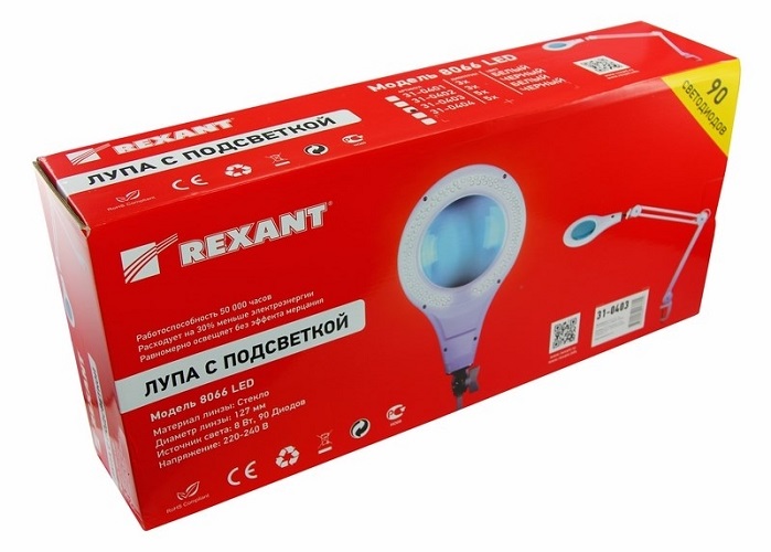 

Лупа Rexant 31-0403 на струбцине круглая настольная 5Х с подсветкой 90 LED, белая, 31-0403