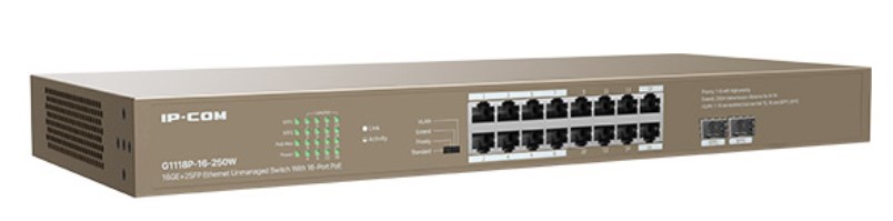 

Коммутатор неуправляемый IP-Com G1118P-16-250W 16*100/1000 Мбит/с Base-T RJ45 (данные/питание), 2*1000 Mbps Base-X SFP port, G1118P-16-250W