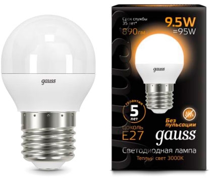 

Лампа светодиодная Gauss 105102110 LED Шар E27 9.5W 890lm 3000K, 105102110