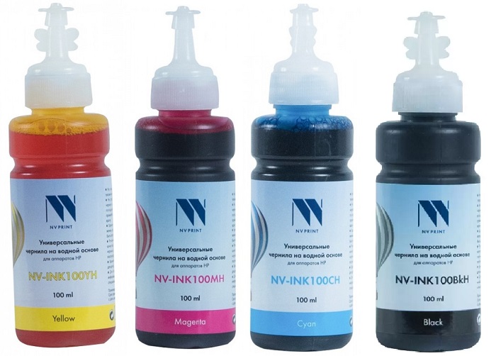 

Чернила NVP NV-INK100H-4 универсальные на водной основе для аппаратов HP, комплект 4 цвета по 100 ml, NV-INK100H-4