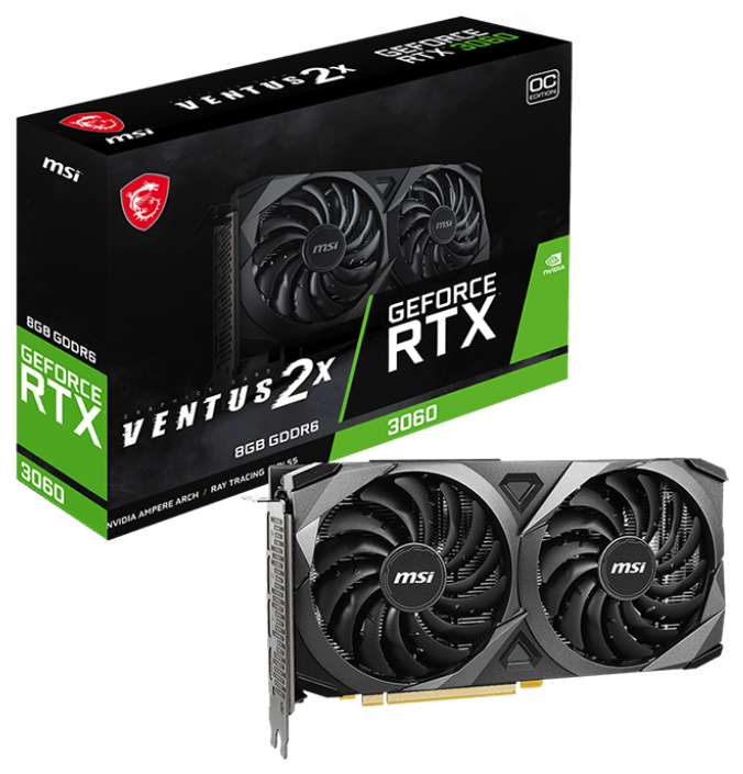 

Видеокарта PCI-E MSI GeForce RTX 3060 VENTUS 2X (RTX 3060 VENTUS 2X 8G OC) 8GB GDDR6 128bit 8nm 1320/15000MHz HDMI/3*DP, GeForce RTX 3060 VENTUS 2X (RTX 3060 VENTUS 2X 8G OC)