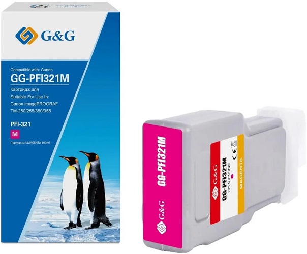 

Картридж струйный G&G GG-PFI321M для Canon imagePROGRAF TM-250/255/350/355, пурпурный, 300мл, GG-PFI321M
