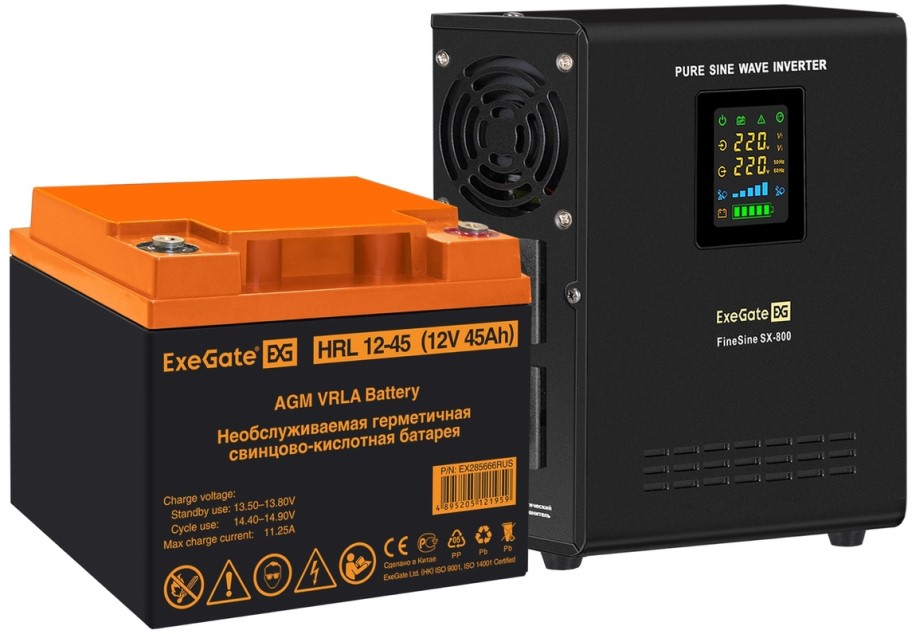 

Комплект Exegate FineSine SX-800.LCD.AVR.2SH EX296522RUS ИБП EX295996RUS + батарея 45Aч EX285666RUS 1шт (инвертор, синус, для котла, настенный), 800VA, FineSine SX-800.LCD.AVR.2SH