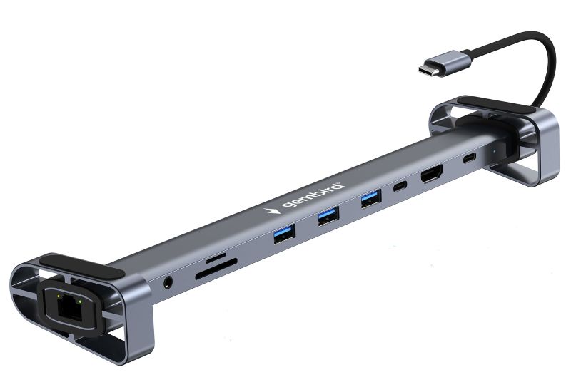 

Док-станция Gembird UHB-D5 Type-C, 10в1:3xUSB3.1, PD87W, Jack, SD/TF, HDMI, RJ45, Type-C, кабель14см, UHB-D5