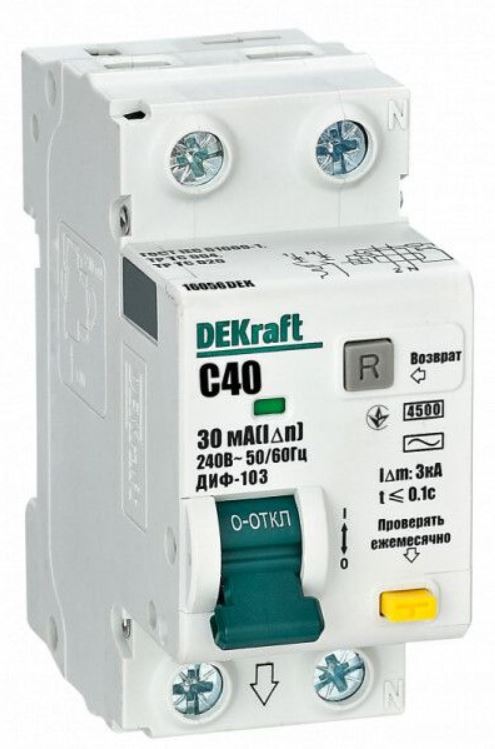 

Автомат дифференциальный DEKraft 16056DEK 1Р+N 40А 30мА тип AC х-ка C ДИФ-103 4.5кА, 16056DEK