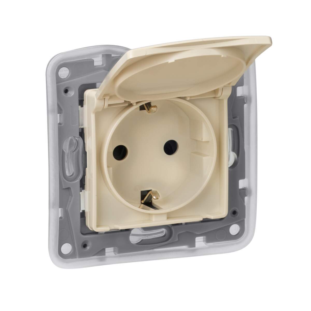 

Розетка Legrand 672332 с/з IP 44 с крышкой и шторками, автоматические клеммы, 16А, Etika, cлоновая кость, 672332