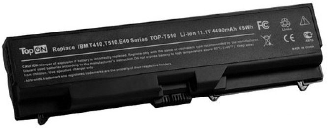

Аккумулятор для ноутбука Lenovo TopOn TOP-T510 для моделей ThinkPad L410, T410, W510, E40, Edge 14, 15, E520 11.1V 4400mAh 49Wh. PN: 42T4235, 51J0499, TOP-T510