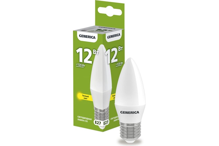 

Лампа светодиодная GENERICA LL-C35-12-230-30-E27-G C35 12Вт свеча 3000К E27 230В, LL-C35-12-230-30-E27-G