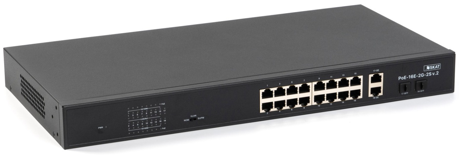

Коммутатор Бастион SKAT PoE-16E-2G-2S v.2 PoE Plus, мощность 300Вт, порты:16-Ethernet, 2-Uplink, 2-S, SKAT PoE-16E-2G-2S v.2