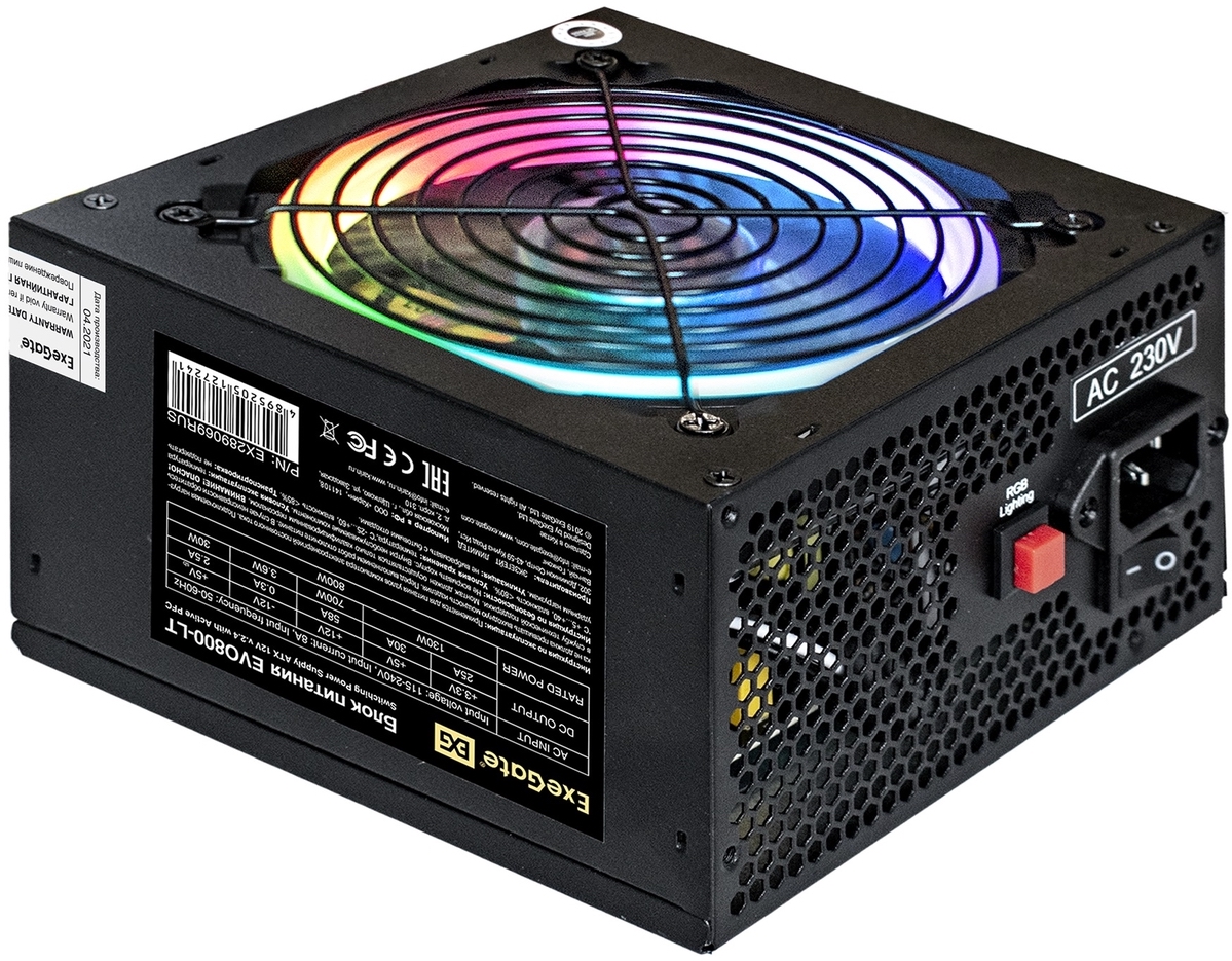 

Блок питания ATX Exegate EVO800-LT EX289069RUS-S 800W, APFC, 140mm RGB fan, кабель 220V с защитой от выдергивания, EVO800-LT