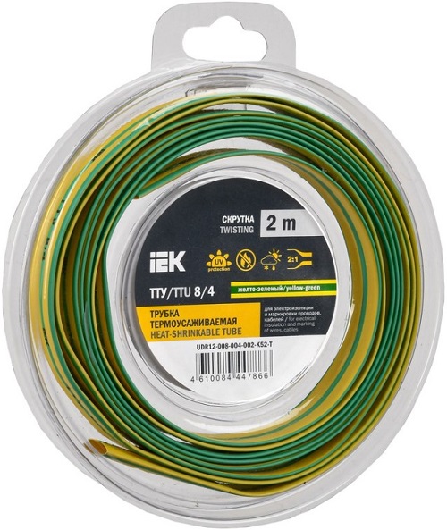 

Трубка термоусадочная IEK UDR12-008-004-002-K52-T ТТУ нг-LS 8/4 жел-зел. (2м/упак), UDR12-008-004-002-K52-T
