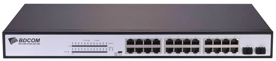 

Коммутатор PoE BDCom S1526-24P 24*10/100/1000M PoE ports, 2*GE SFP ports; built-in AC 100-220V power supply; 370W PoE power, rack-mounted installation, S1526-24P