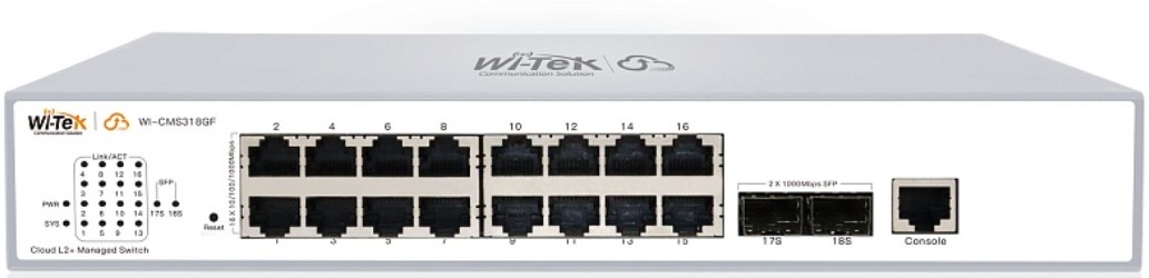 

Коммутатор управляемый Wi-Tek WI-CMS318GF L2, порты 16 100/1000Base-TX + 2 SFP, WI-CMS318GF