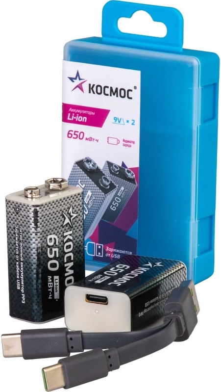 

Аккумулятор Космос KOCLi9V650mAh2B литий-ионный, 9В Крона, 650 мВтч, провод в комплекте, KOCLi9V650mAh2B