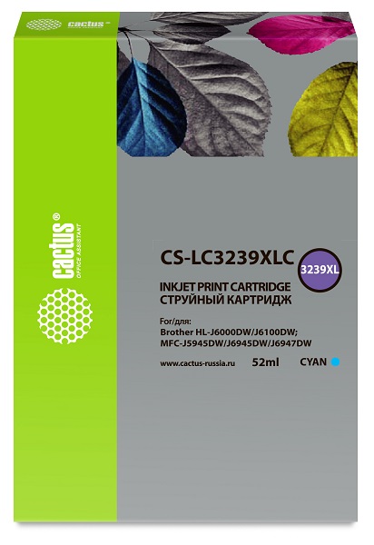 

Картридж Cactus CS-LC3239XLC струйный голубой (52мл) для Brother HL-J6000DW/J6100DW, CS-LC3239XLC