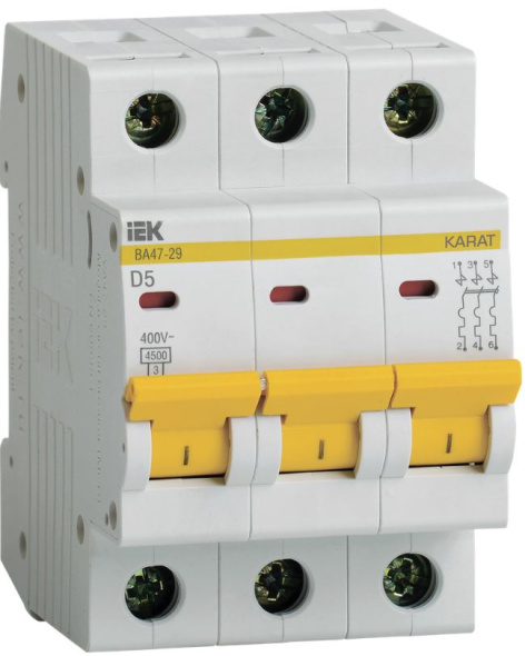 Изображение товара Автоматический выключатель IEK MVA20-3-005-D для защиты цепей 5 А 400 В IP20
