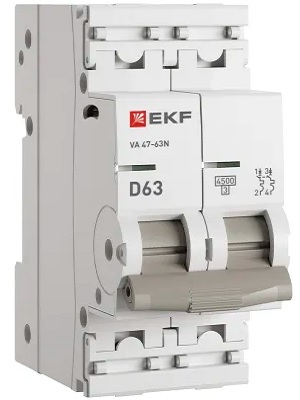 

Автоматический выключатель EKF M634263D 2P 63А (D) 4,5kA ВА 47-63N PROxima, M634263D