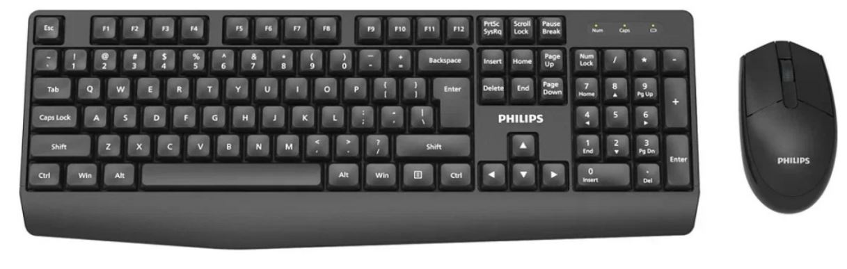 

Клавиатура и мышь Wireless Philips SPT6337 2.4 GHz 104 клав/3 кнопки, 1600dpi, русская заводская раскладка, чёрный, SPT6337