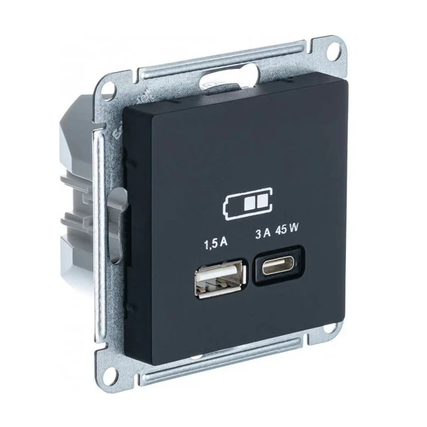 

Розетка Systeme Electric ATN001029 AtlasDesign карбон ,USB, A + тип-C 45W высокоскор.заряд. QC, PD, мех., ATN001029