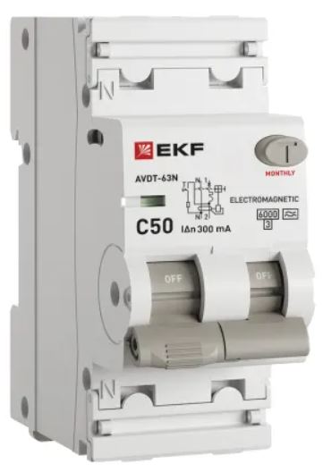 

Автомат дифференциальный EKF D63N26MA50C300 АВДТ-63N 1P+N 50А (C) 300мА (A) эл-мех 6кА PROXIMA, D63N26MA50C300
