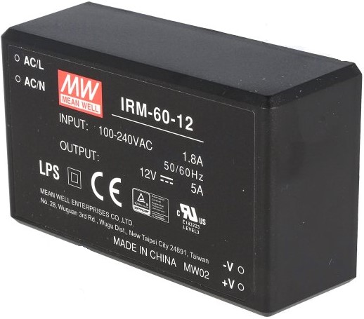 

Преобразователь AC-DC сетевой Mean Well IRM-60-12 60Вт, вход 85...264В AC 47...440 Гц, выход 12В/5А, изоляция 3000В AC, в корпусе на плату 87x52x29.5м, IRM-60-12