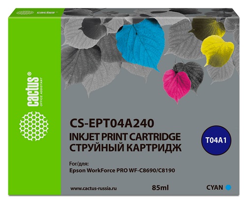 

Картридж Cactus CS-EPT04A240 голубой (85мл) для Epson WorkForce Pro WF-C8190, WF-C8690, CS-EPT04A240