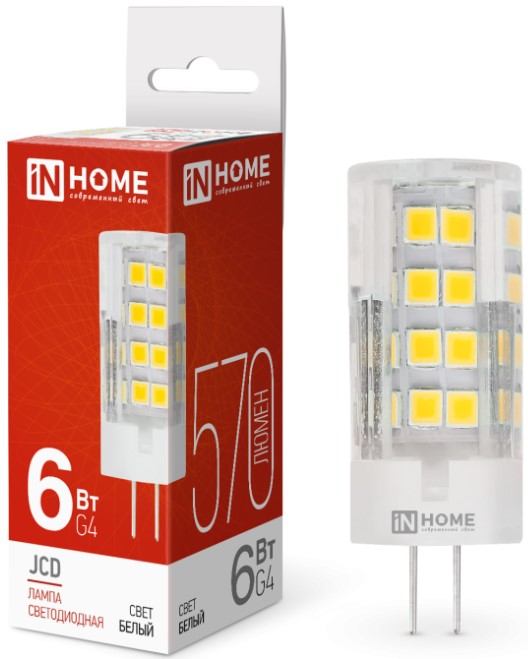 

Лампа светодиодная IN HOME 4690612036144 LED-JCD 6Вт капсульная прозрачная 4000К нейтральный, белый G4 570лм, 4690612036144