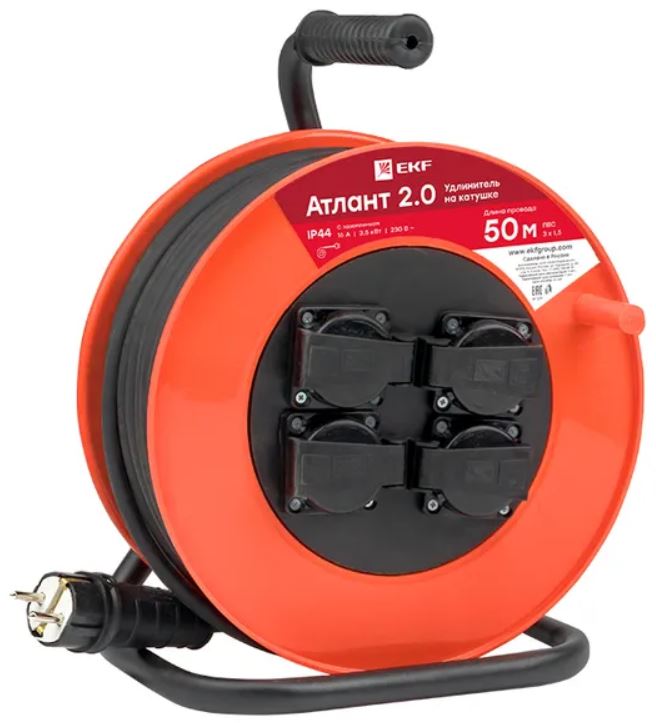 

Удлинитель на катушке EKF UKA02-16-315-4-50-IP44 "Атлант 2.0" 4 гнезда 50м с заземлением ПВС 3*1,5 16А/3,5кВт IP44 PROxima, UKA02-16-315-4-50-IP44
