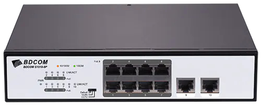 

Коммутатор PoE BDCom S1510-8P 8*10/100/1000M PoE ports, 2*GE TX ports; built-in AC 100-220V power supply; 110W PoE power, desk-top/rack-mounted instal, S1510-8P