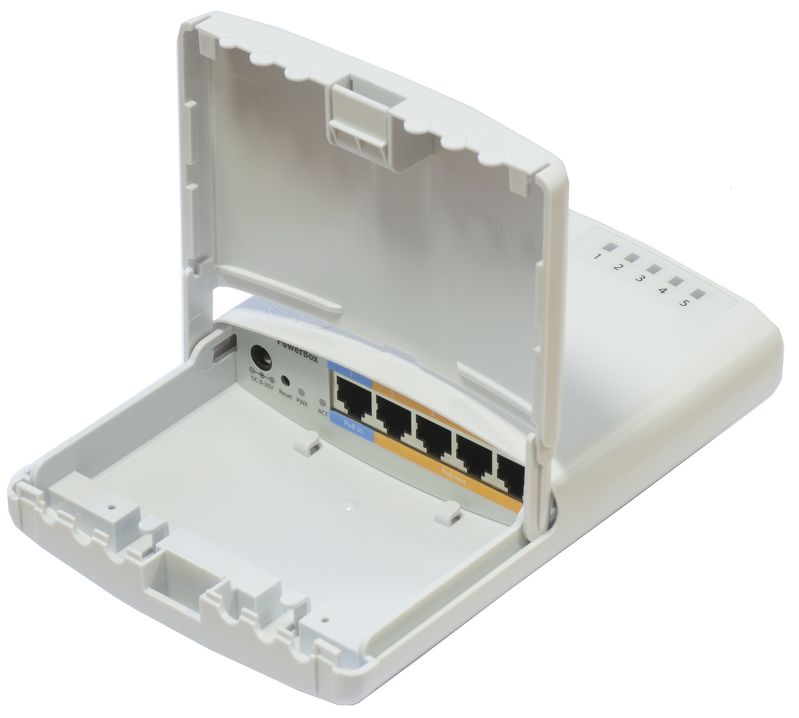 

Маршрутизатор Mikrotik RB750P-PBr2 PowerBOX, QCA953, Level 4, 64MB, DHCP, 4 порта 10/100 Мбит/с, 1 порт WAN PoE 10/100 Мбит/с, 2Вт, RB750P-PBr2